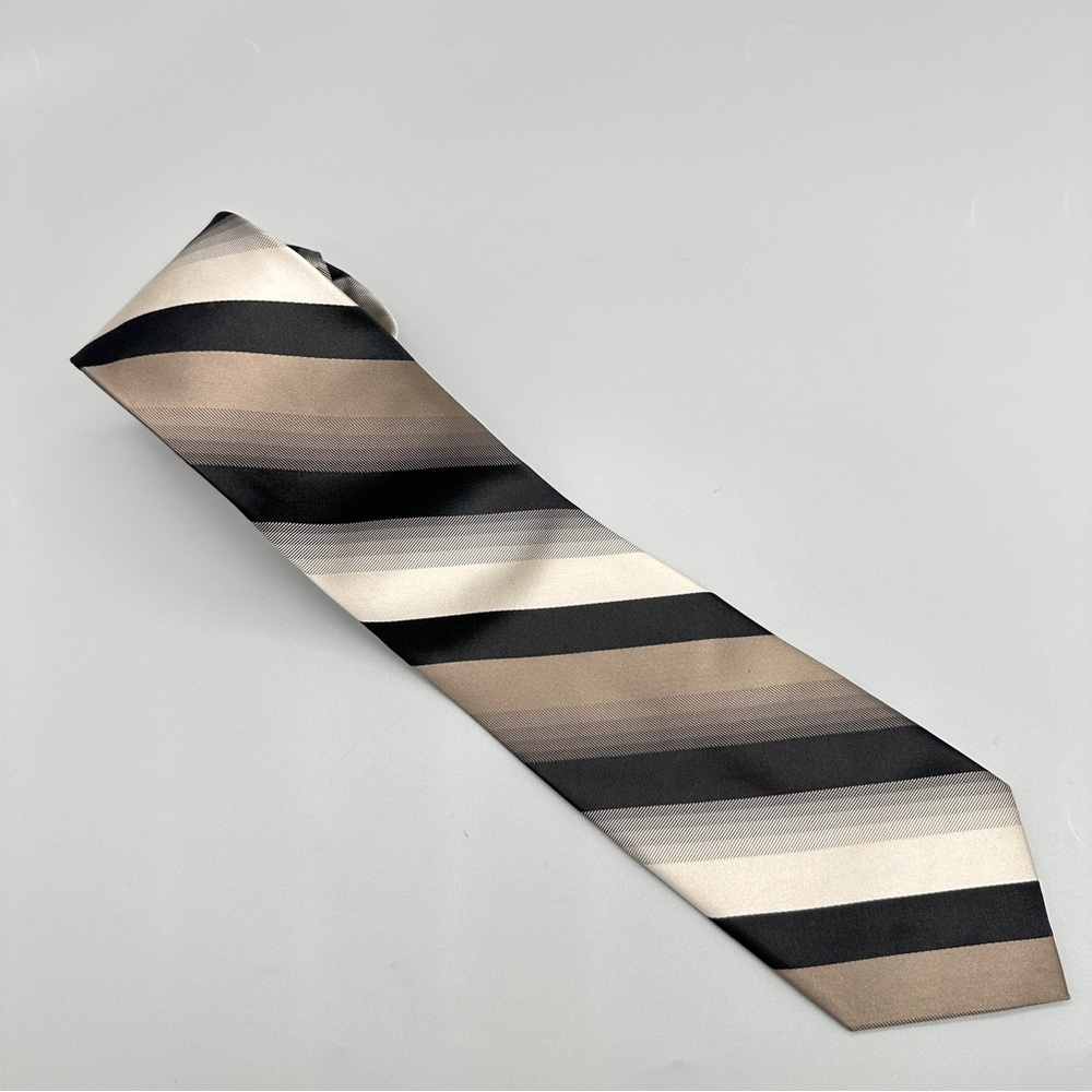 Bugatti Silk Tie – Striped Black, Gray & Beige Necktie Made in China